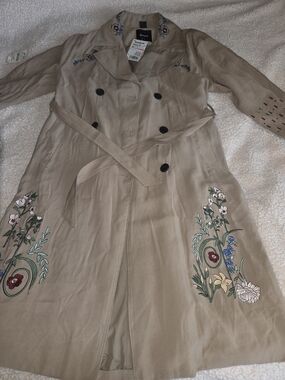 Desigual Tan Trench Coat with Multicolor Floral Embroidery